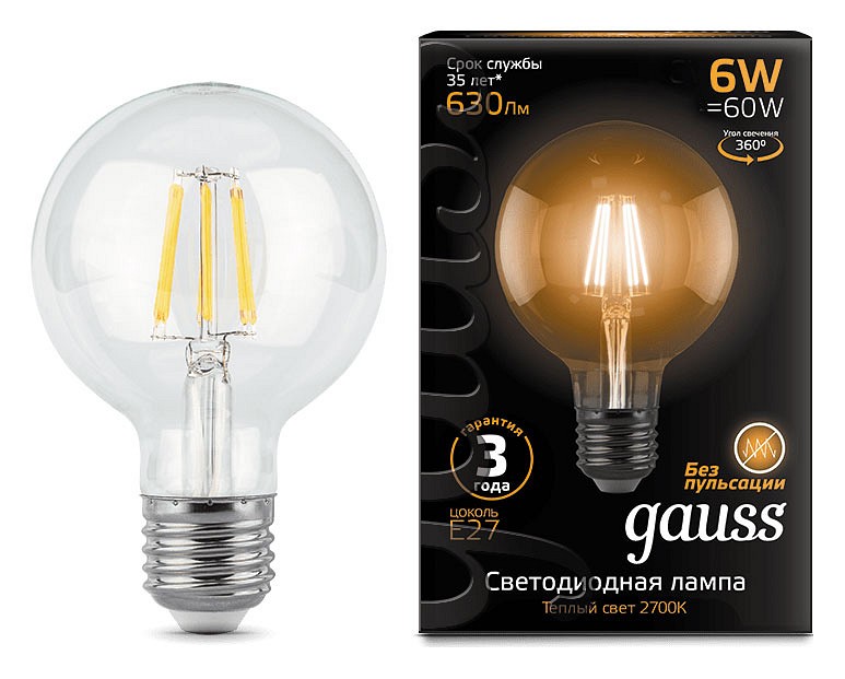 Лампа светодиодная Gauss LED Filament E27 6Вт 2700K 105802106 | Gauss GA105802106