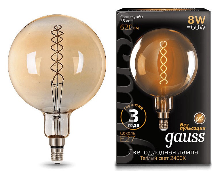 Лампа светодиодная Gauss LED Vintage Filament Flexible E27 8Вт 2400K 154802008 | Gauss GA154802008