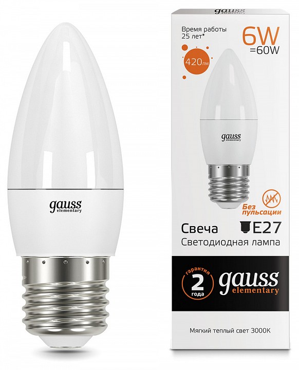 Лампа светодиодная Gauss Led Elementary Candle E27 6Вт 3000K 33216 | Gauss GA33216