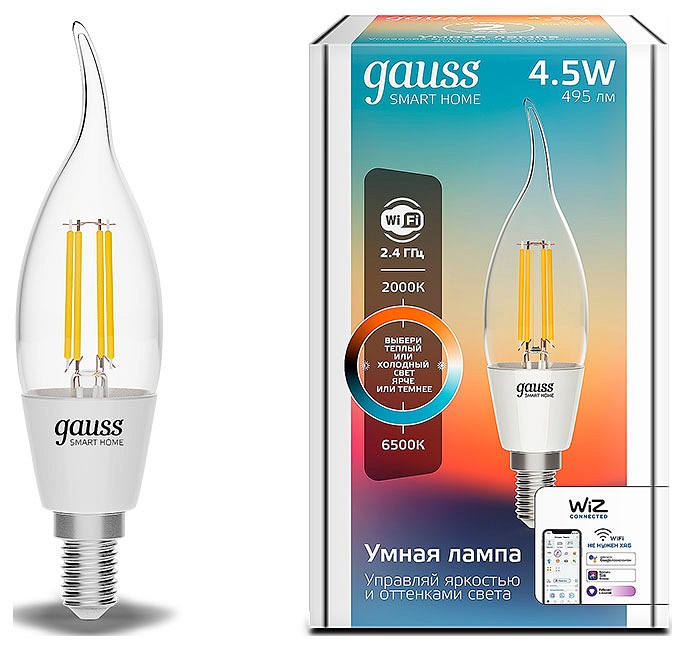 Лампа светодиодная с управлением через Wi-Fi Gauss Smart Home E14 4.5Вт 2000-6500K 1280112 | Gauss GA1280112