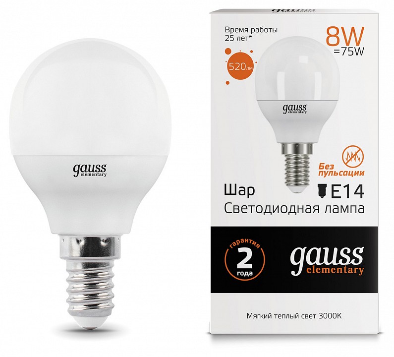 Лампа светодиодная Gauss LED Elementary Globe E14 8Вт 3000K 53118 | Gauss GA53118