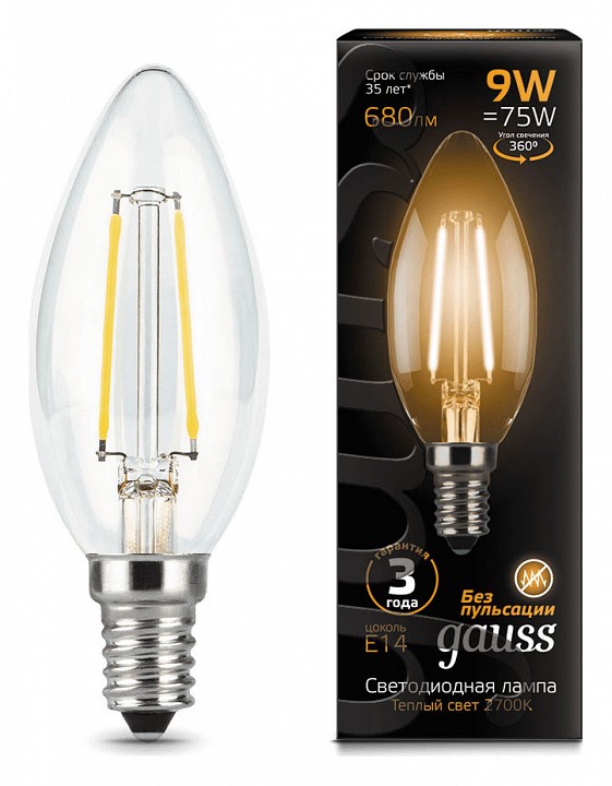 Лампа светодиодная Gauss LED Filament Candle E14 9Вт 2700K 103801109 | Gauss GA103801109