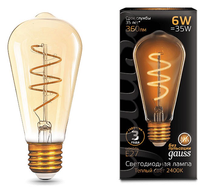 Лампа светодиодная Gauss LED Filament Flexible E27 6Вт 2400K 157802006 | Gauss GA157802006