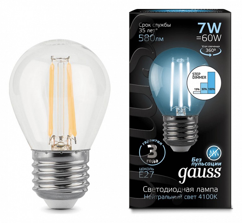 Лампа светодиодная Gauss LED Filament Globe E27 7Вт 4100K 105802207-S | Gauss GA105802207-S