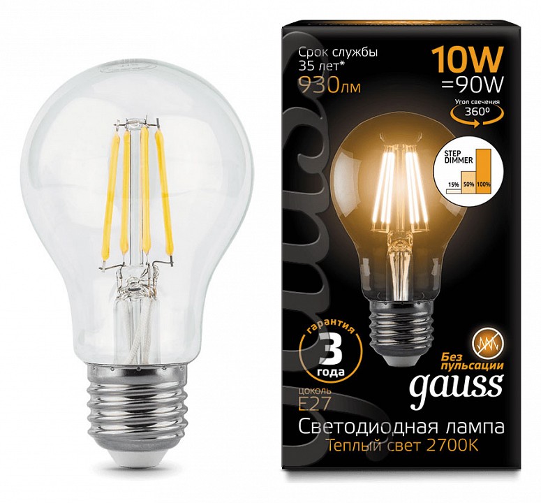 Лампа светодиодная Gauss LED Filament E27 10Вт 2700K 102802110-S | Gauss GA102802110-S