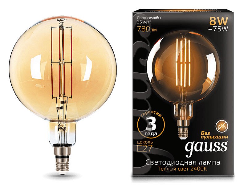 Лампа светодиодная Gauss LED Vintage Filament Flexible E27 8Вт 2400K 153802008 | Gauss GA153802008